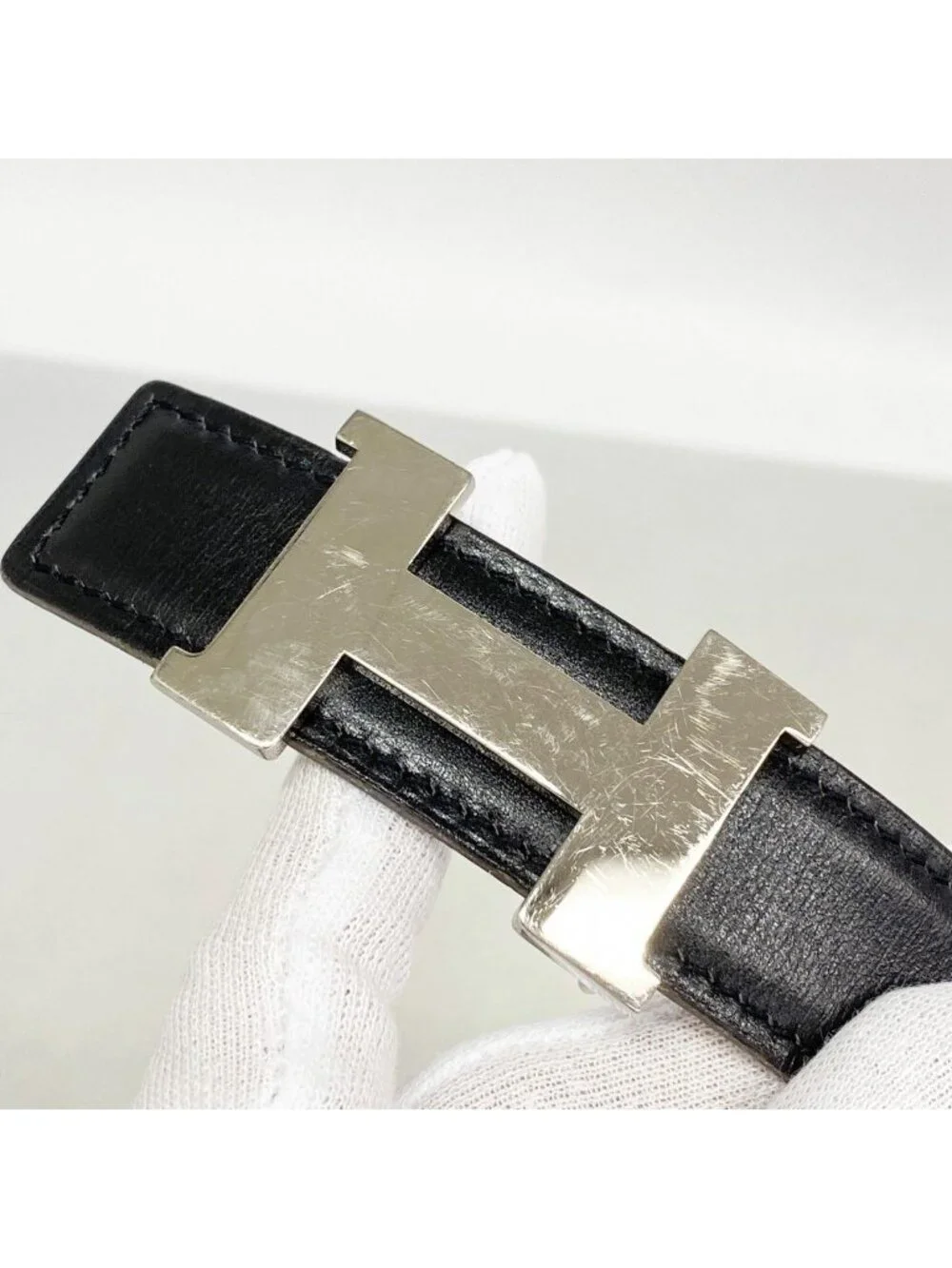 Hermes Belt Constance Box Calf Black Blue Pale Silver